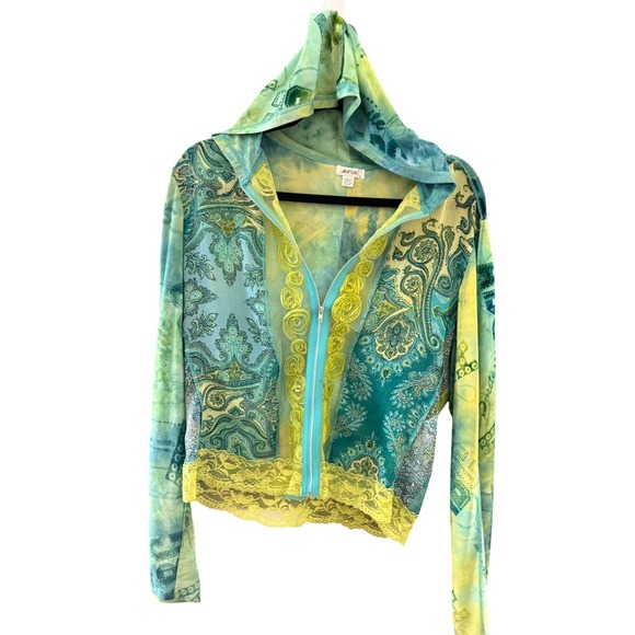 Jaipur Tops - Jaipur Womens‎ Y2K Mesh Paisley Tie Dye Zip Up Hoodie Lace Rosette Turquoise L